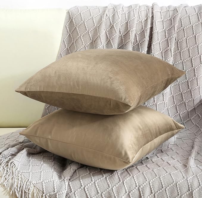 Jeneoo Light Brown Decorative Throw Pillow Covers Velvet Super Soft Thick Solid Square Euro Cushion Cases Pillowcase for Sofa Living Room Decor, Set of 2, 18 x 18 Inches