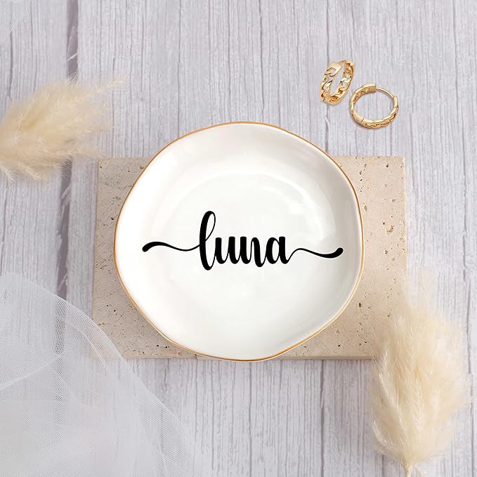 JoycuFF Luna Personalized Name Ceramic Jewelry Tray, Mothers Day Christmas Anniversary Engagement Birthday Gifts for Women Couples, Trinket Dish for Rings Earrings Necklaces Bracelets Keys