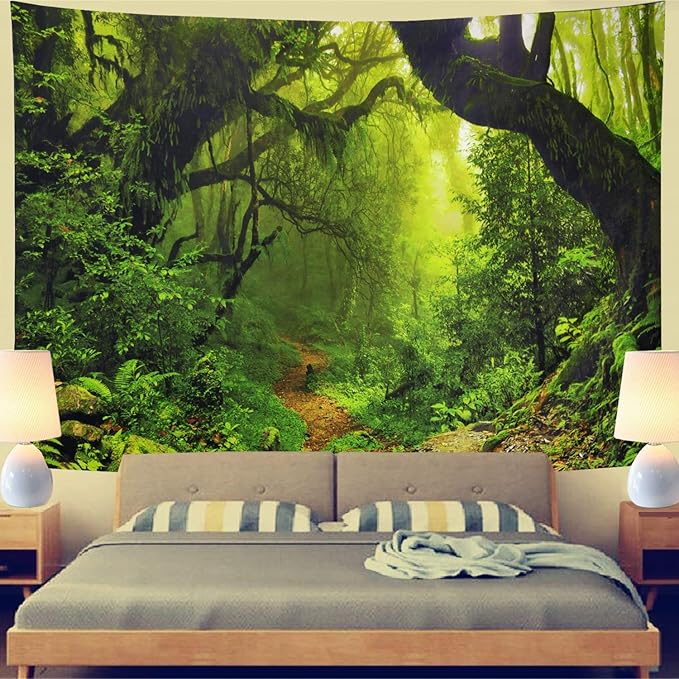 Leofanger Misty Forest Tapestry Nature Green Tree Wall Tapestry Virgin Rainforest Landscape Wall Hanging for Bedroom Living Room (51.2" × 59.1")