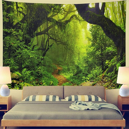 Leofanger Misty Forest Tapestry Nature Green Tree Wall Tapestry Virgin Rainforest Landscape Wall Hanging for Bedroom Living Room (70.8" × 92.5")