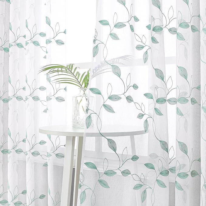 Tollpiz Teal Blue Leaf Sheer Curtain Leaves Embroidered Living Room Short Curtains Rod Pocket Voile Window Treatment for Bedroom, 54 x 54 inches Long, Set of 2 Panels