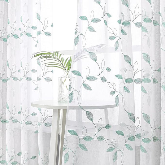 Tollpiz Teal Blue Leaf Sheer Curtains Leaves Embroidered Bedroom Short Curtain Rod Pocket Voile Window Treatment for Living Room, 38 x 54 inches Long, Set of 2 Panels