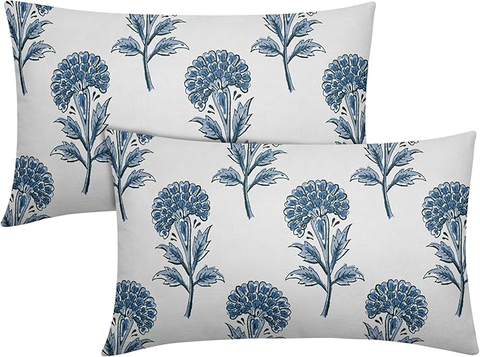 Blue Floral Lumbar Pillow Covers 12x20 Set of 2 Blue and White Block Print Pattern Rustic Spring Flower Decorative Outdoor Farmhouse Pillowcases Decorations Throw Cushion Cover Decor Couch Sofa Bed