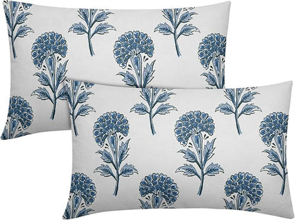 Blue Floral Lumbar Pillow Covers 12x20 Set of 2 Blue and White Block Print Pattern Rustic Spring Flower Decorative Outdoor Farmhouse Pillowcases Decorations Throw Cushion Cover Decor Couch Sofa Bed