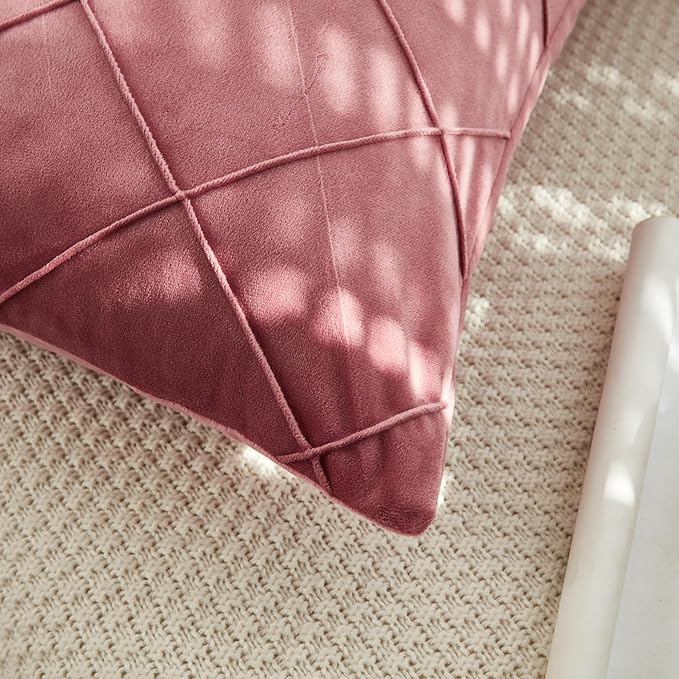 JAUXIO Diamond Pinch Pleated Crystal Velvet Pillowcases 2 Pack Solid Pintuck Throw Cushion Cover for Home Decor Hidden Zipper Closure (Dusty Rose, Standard)