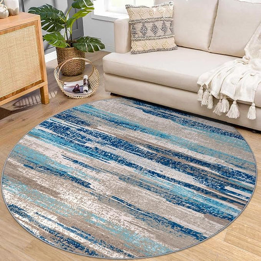 Modern Abstract Round Rug 6Ft, Blue Round Rug Washable Non-Slip Soft Small Circle Rug, Circular Dining Room Rugs Thin Print Faux Wool Carpet for Bedroom Living Room Office Playroom