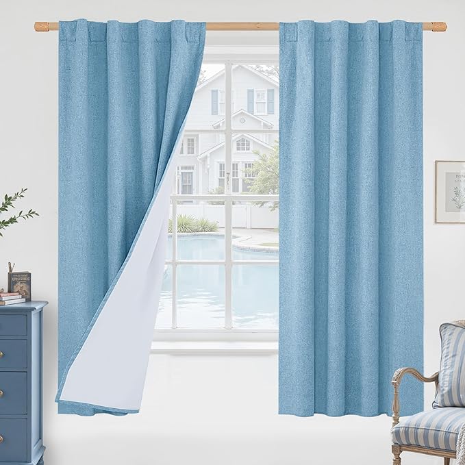 LAMIT Blue 100% Blackout Linen Curtains, 63 Inches Linen Textured Thermal Bedroom Curtains Back Tab and Rod Pocket Neutral Panels with White Liner for Farmhouse, 2 Panels, 38 x 63 Inch