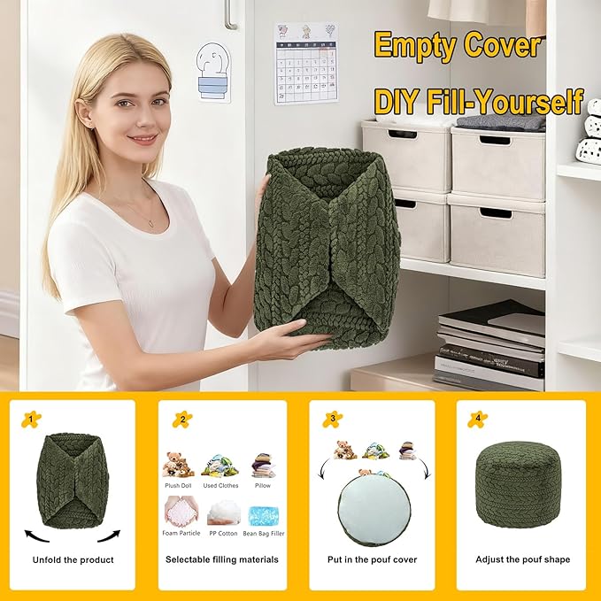 Unstuffed Ottoman Pouf Cover – Round Faux Fur Footstool Plush Floor Pouf (No Filler Included) Perfect for Living Room, Bedroom, or Office Lounge (Green, 20x20x15 in)