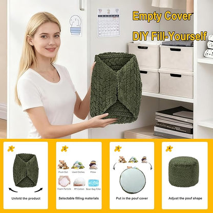 Unstuffed Ottoman Pouf Cover – Round Faux Fur Footstool Plush Floor Pouf (No Filler Included) Perfect for Living Room, Bedroom, or Office Lounge (Green, 20x20x15 in)