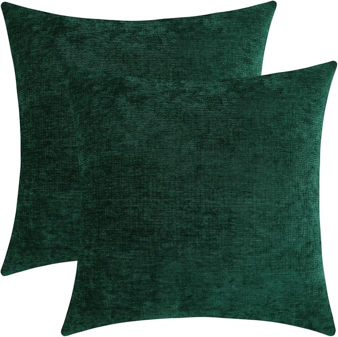 Hunter Green Chenille Decorative Couch Throw Pillow Covers, Soft Cushion Cases for Home Livingroom Sofa Décor, Pack of 2, 20 x 20 Inches