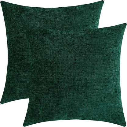 Hunter Green Chenille Decorative Couch Throw Pillow Covers, Soft Cushion Cases for Home Livingroom Sofa Décor, Pack of 2, 20 x 20 Inches