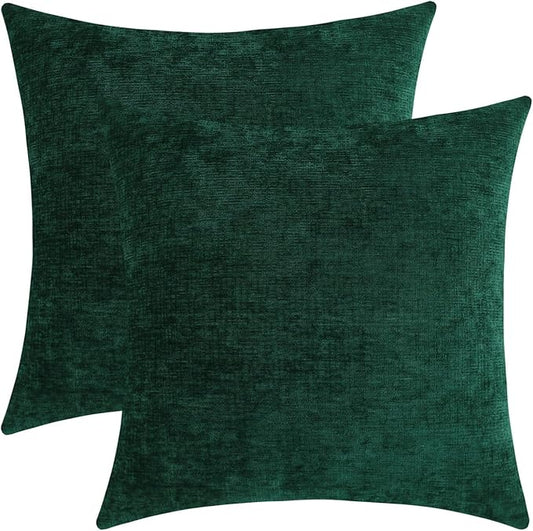 Hunter Green Chenille Decorative Couch Throw Pillow Covers, Soft Cushion Cases for Home Livingroom Sofa Décor, Pack of 2, 14 x 14 Inches