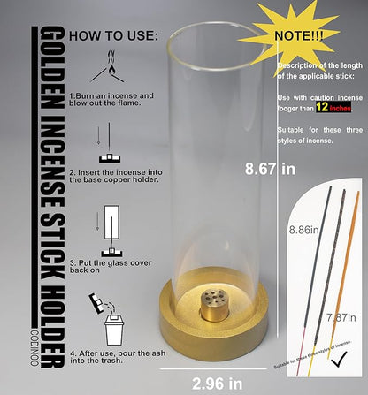 2 pcs Glass Incense Holder for Sticks,Modern Incense Stick Holder with Ash Catcher[Anti ash Flying], Wooden Incense Burner Holder,Zen Glass Incense Holder,for Spa Home Decor Yoga Meditation[Golden]
