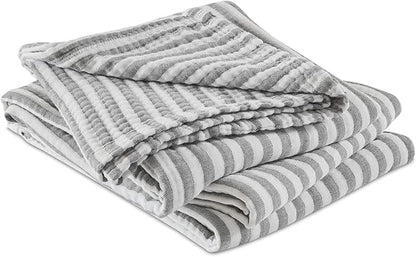 EMME Cotton Muslin King Blanket Bed Layering Bedspread Coverlet Breathable Gauze Soft Lightweight (Striped Grey, 108"x90")