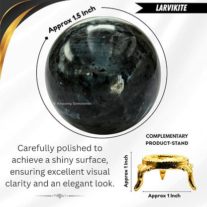 Amazing Gemstone Larvikite Crystal Ball with Stand - 1.5" Inches Crystal Sphere Meditation Balls for Witchcraft and Decorative Balls