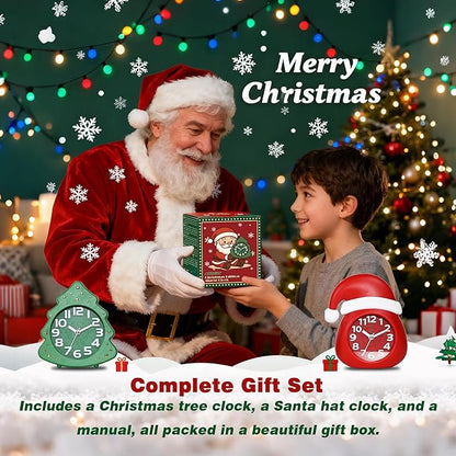AYRELY® Christmas Alarm Clock Gift Set – 2 Silent Analog Clocks (Santa Hat & Christmas Tree), Ready-to-Gift Holiday Edition for Kids & Family, with Festive Gift Box
