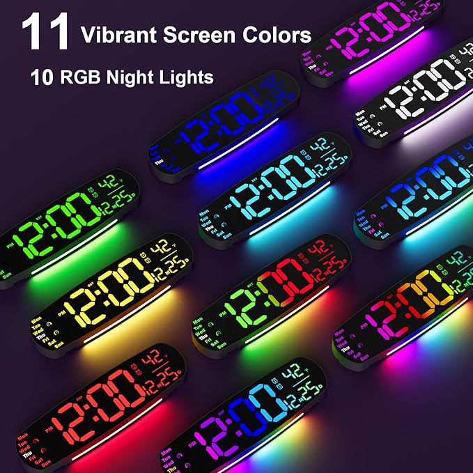 13.7" Digital Wall Clock Desk Clocks with Temperature, 11 RGB Colors, Night Lights, Alarms, Auto Dimming, Timer, DST, Remote Control, Digital Clock for Classroom Livingroom Gym Gaming, Gift for Senior