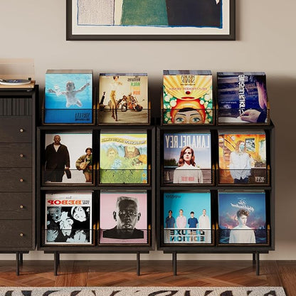 2-Pack Vinyl Record Storage, Record Box Case Crate with Handle, Vinyl Record Holder, Desktop Metal & Wooden LP Record Crate, Easy to Assemble