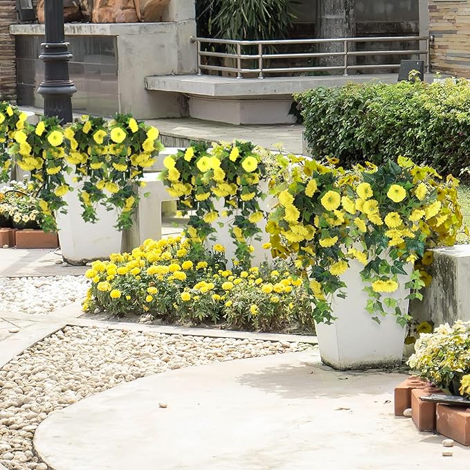 RECUTMS Artificial Fake Hanging Flowers Plants for Outdoor Spring Decor, 2 Pcs UV Resistant Faux Petunias Trailing Plants Realistic Flower Look Real for Door Wall Yard Porch Garden Planter (Yellow)
