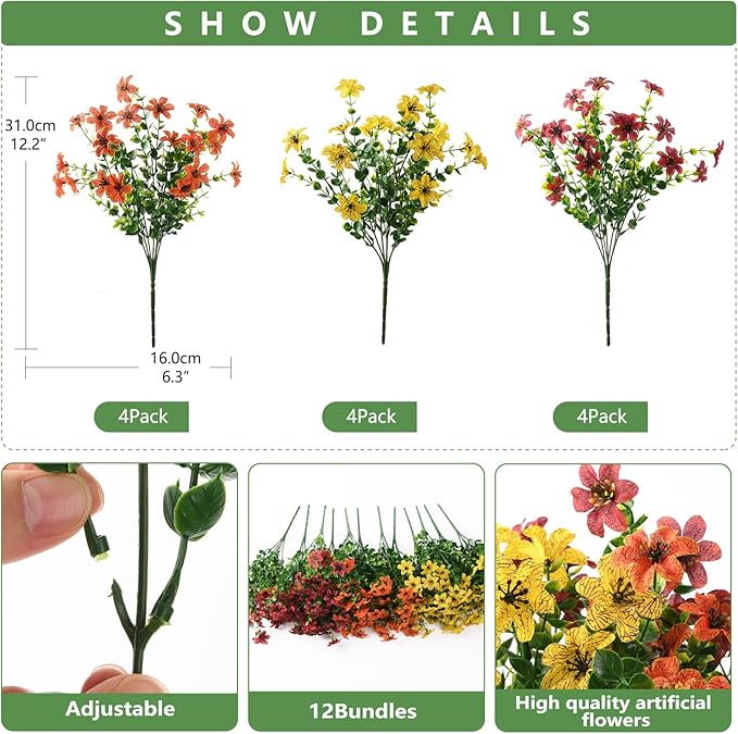 Artificial Flowers for Outdoors Fake Plants Spring Home Decoration, 12 Bundles Realistic Faux Flower Daisy with Eucalyptus Stem UV Resistant for Patio Planter Porch Yard (Yellow Brown Orange)