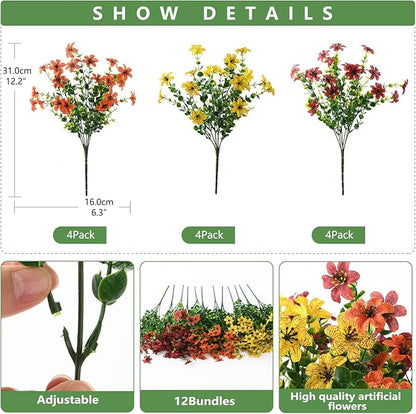 Artificial Flowers for Outdoors Fake Plants Spring Home Decoration, 12 Bundles Realistic Faux Flower Daisy with Eucalyptus Stem UV Resistant for Patio Planter Porch Yard (Yellow Brown Orange)