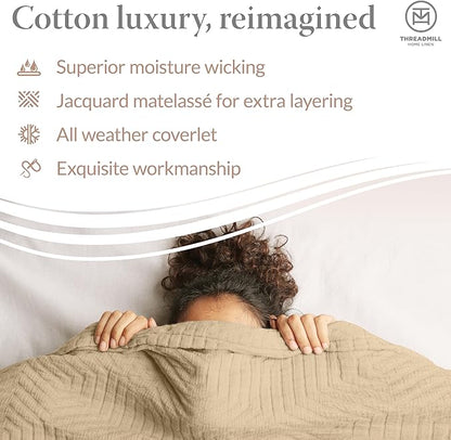 Threadmill Luxury Cotton Blankets for Queen Size Bed | All-Season 100% Cotton Queen Size Blanket | Aster Jacquard Cozy Lightweight, Soft Breathable Coverlet fits Full Size Bed, 90x92 | Beige