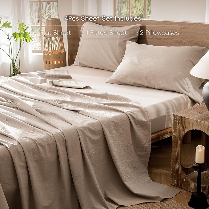 MooMee Bedding Sheet Set 100% Washed Cotton Linen Like Textured Breathable Durable Soft Comfy (Heathered Taupe, Queen)