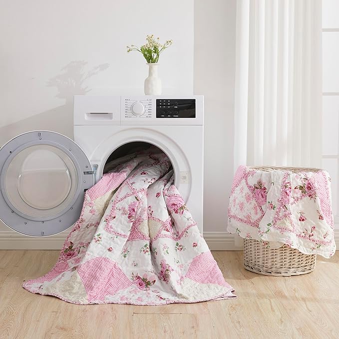 Oversized King Size Pink Floral Plaid Patchwork Quilt Set 128x120 Extra Wide Super King Size Reversible Quilted Bedspread Coverlet Set 3-Piece Comforter Bedding Set Bed Cover with 2 Pillow Shams