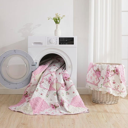 Oversized King Size Pink Floral Plaid Patchwork Quilt Set 128x120 Extra Wide Super King Size Reversible Quilted Bedspread Coverlet Set 3-Piece Comforter Bedding Set Bed Cover with 2 Pillow Shams
