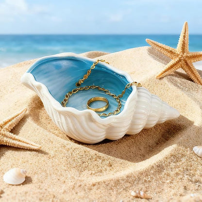 Conch Shell Ceramic Jewelry Tray, Blue White Ring Holder Dish, Decorative Trinket Dish for Rings Earrings Necklaces Bracelet Keys