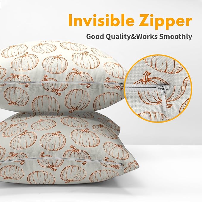 Fall Pillow Covers 18x18 Set of 2 Decorations Orange Pumpkin Throw Pillow Covers Decorative Thanksgiving Pillow Case Farmhouse Rustic Pillowcases Vintage Cozy Soft Autumn for Sofa Bed Home Decor