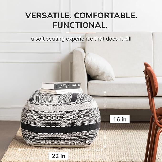 Anji Mountain 100% Handmade & Handcrafted Comfortable Home Décor Pouf Ottoman Footrest for Living Room, Bedroom, Nursery, Kidsroom, Patio Furniture - (22" x 22" x 16"- Black,Ivory)