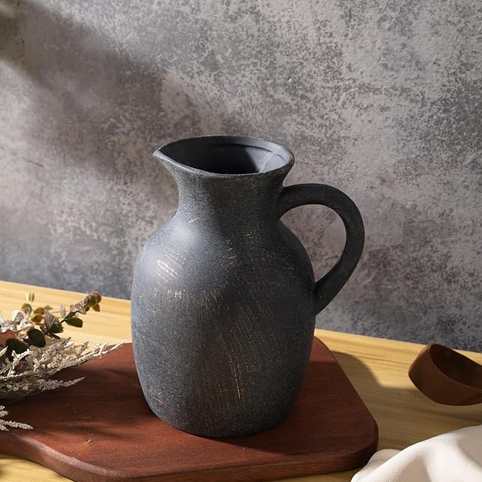 Ceramic Rustic Vase with Handle, Decorative Jug Pitcher, Terracotta Stone Vase for Decor Living Room, Vintage Home Decor, Black