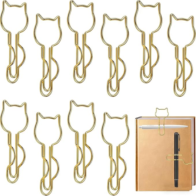 10-Pack Metal Pen Clips - Cute Cat Shaped Gold Paperclip Pen Holder for Notebooks and Papers - Metal Pen Clip Holder and Pen Holder Clip - School Office Supplies