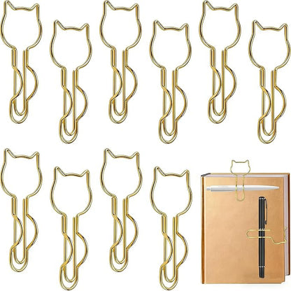 10-Pack Metal Pen Clips - Cute Cat Shaped Gold Paperclip Pen Holder for Notebooks and Papers - Metal Pen Clip Holder and Pen Holder Clip - School Office Supplies