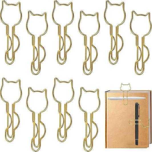 10-Pack Metal Pen Clips - Cute Cat Shaped Gold Paperclip Pen Holder for Notebooks and Papers - Metal Pen Clip Holder and Pen Holder Clip - School Office Supplies