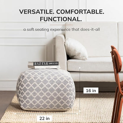 Anji Mountain 100% Handmade & Handcrafted Comfortable Home Décor Pouf Ottoman Footrest for Living Room, Bedroom, Nursery, Kidsroom, Patio Furniture - (22" x 22" x 16"- Gray,Ivory)