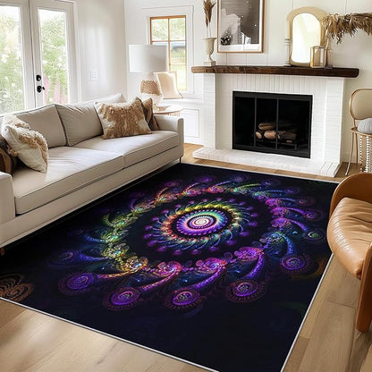 Psychedelic Swirl Rug 5x7, Washable Trippy Spiral Rugs for Living Room Bedroom, Multicolor Fractal Art Area Rug for Home Decor, Non Slip Backing Floor Carpet with Gripper - 5 x 7 ft