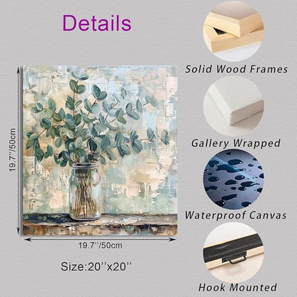 Living Room Botanical Wall Art Modern Farmhouse Canvas with Eucalyptus Leaves in Vase Abstract Textured Painting Neutral Green Home Wall Decor for Bedroom Kitchen Calm Nature Artwork 20x20 Inches