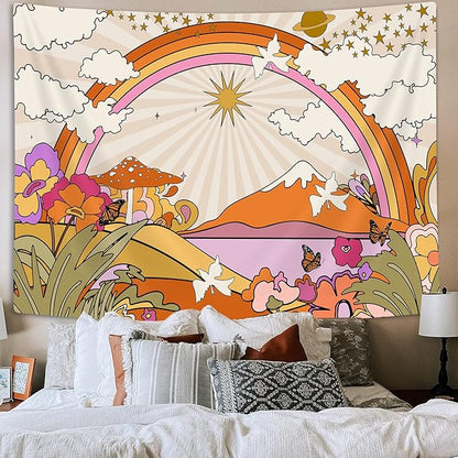TOMOZ Vintage 70s 60s Groovy Tapestry, Retro Flowers Clouds Sun and Rainbow Tapestry Wall Hanging, Orange Boho Hippie Psychedelic Tapestries for Bedroom Living Room Dorm Decor 40 x 28Inch