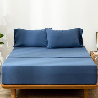 MooMee Bedding Sheet Set 100% Washed Cotton Linen Like Textured Breathable Durable Soft Comfy (Solid Navy, King)