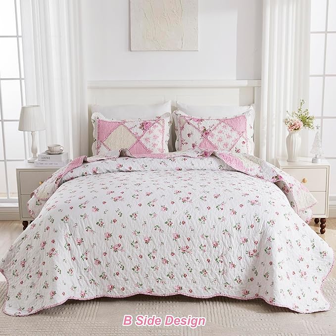 Oversized King Size Pink Floral Plaid Patchwork Quilt Set 128x120 Extra Wide Super King Size Reversible Quilted Bedspread Coverlet Set 3-Piece Comforter Bedding Set Bed Cover with 2 Pillow Shams