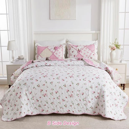 Oversized King Size Pink Floral Plaid Patchwork Quilt Set 128x120 Extra Wide Super King Size Reversible Quilted Bedspread Coverlet Set 3-Piece Comforter Bedding Set Bed Cover with 2 Pillow Shams