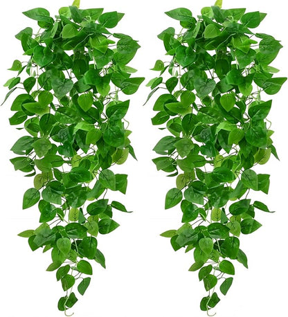 BLEUM CADE 2Pcs Fake Hanging Plants, 9 Branch Artificial Hanging Plant, Lush Faux Pothos Vines for Home Room Wall Shelf Porch Outdoor Indoor Decor (No Baskets)