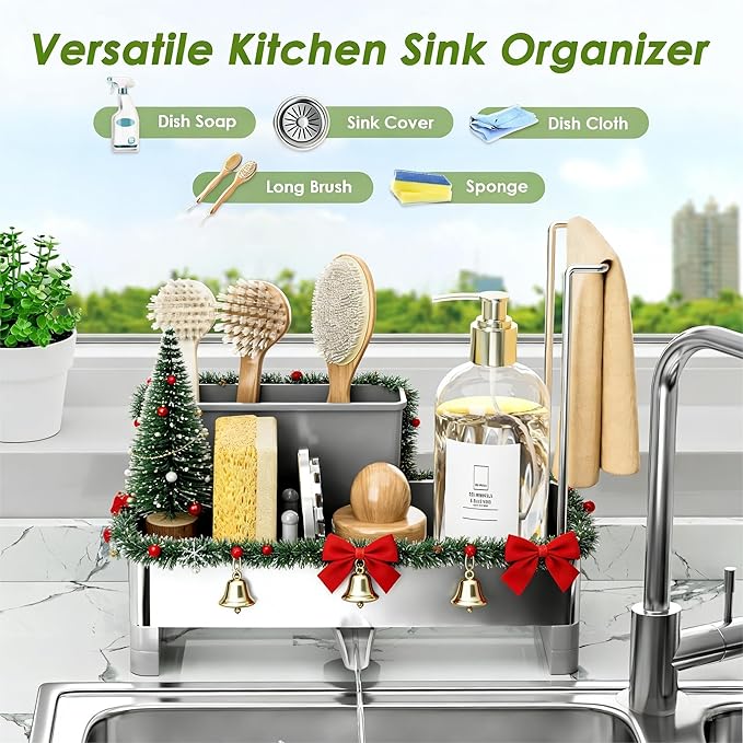 Stainless Steel Sink Caddy, Sponge Holder for Kitchen Sink with Brush Holder & Dishcloth Rack, Rustproof Sink Organizer Countertop, Soap Dispenser Kitchen Organizers Storage Essentials (Gray)