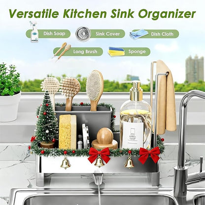 Stainless Steel Sink Caddy, Sponge Holder for Kitchen Sink with Brush Holder & Dishcloth Rack, Rustproof Sink Organizer Countertop, Soap Dispenser Kitchen Organizers Storage Essentials (Gray)
