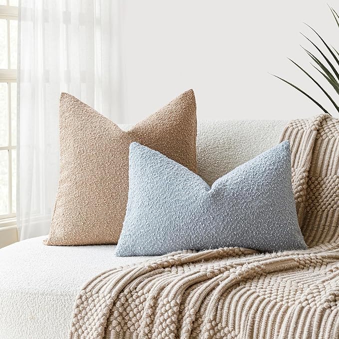 Foindtower Modern Textured Boucle Lumber Throw Pillow Covers Accent Solid Decorative Pillow Cases Cozy Couch Cushion Case for Sofa Bed Living Room Home Decor, 12 x 20 Inch, 1PC, Light Blue
