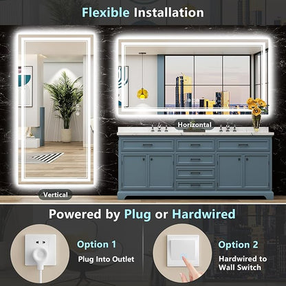 72x40 LED Bathroom Mirror with Lights, Backlit & Front Lit, Anti-Fog Frameless Lighted Vanity Mirrors for Bathroom Wall, Dimmable, 3-Color Light, Memory, Shatter-Proof, Tempered Glass, CRI＞90