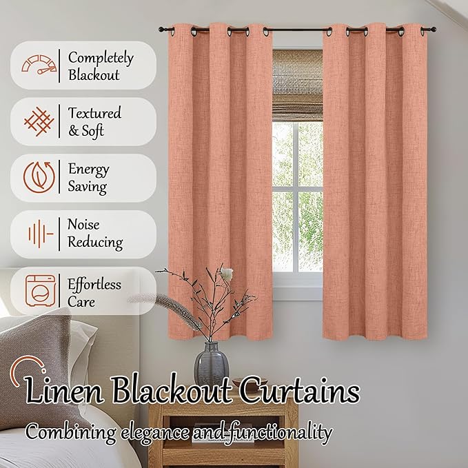 Lajode Linen Blackout Curtains for Bedroom Narrow Window, 38 Inch Wide Thermal Insulated Light Blocking Privacy Small Curtains for Basement Fall Living Room, 38x63 Inch 2 Panels, Terracotta