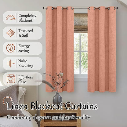Lajode Linen Blackout Curtains for Bedroom Narrow Window, 38 Inch Wide Thermal Insulated Light Blocking Privacy Small Curtains for Basement Fall Living Room, 38x63 Inch 2 Panels, Terracotta